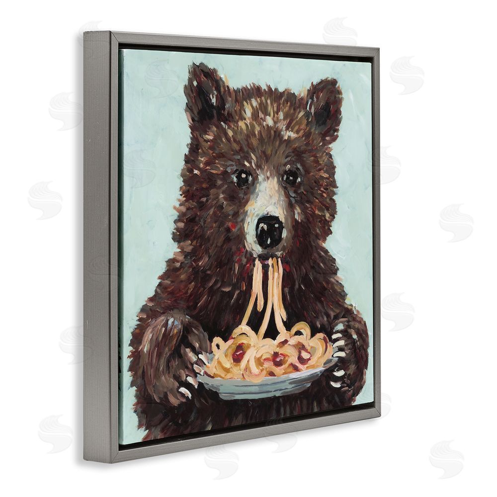 Studio Bautista Whimsical Bear & Spaghetti Gray Floating Frame Canvas Wall Art Print