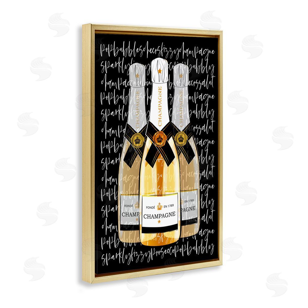 Martina Pavlova Triple Champagne Bottle Love Gold Floating Framed Canvas Wall Art Print