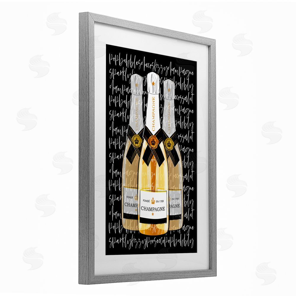 Martina Pavlova Triple Champagne Bottle Love Gray Framed Print Under Glass with White Mat Wall Art