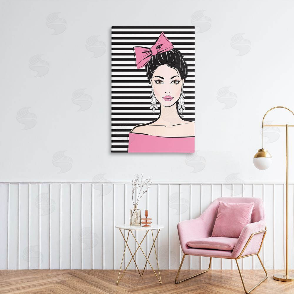 Martina Pavlova Girl with Pink Bow & Earrings Stretched Canvas Wall Art in Room