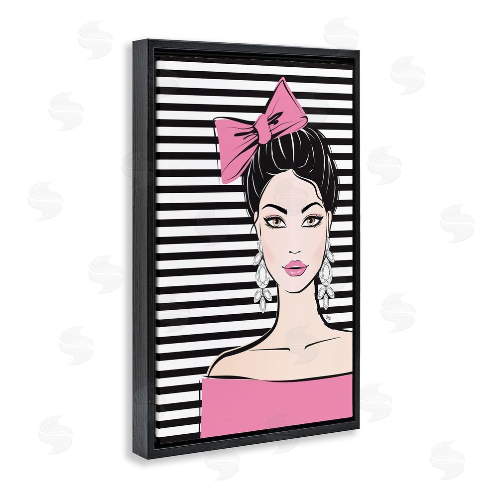 Martina Pavlova Girl with Pink Bow & Earrings Black Floating Framed Canvas Wall Art