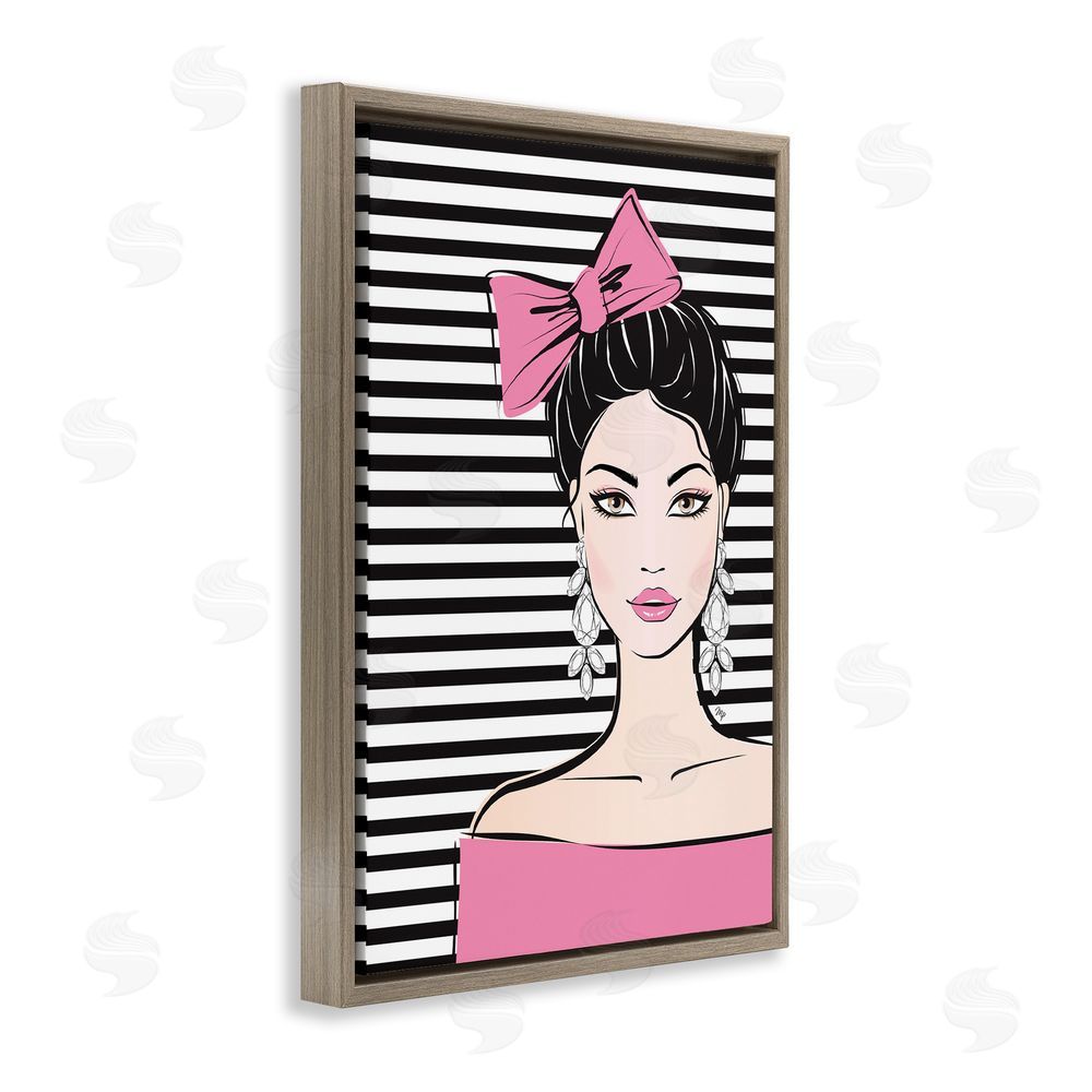 Martina Pavlova Girl with Pink Bow & Earrings Brown Floating Framed Canvas Wall Art