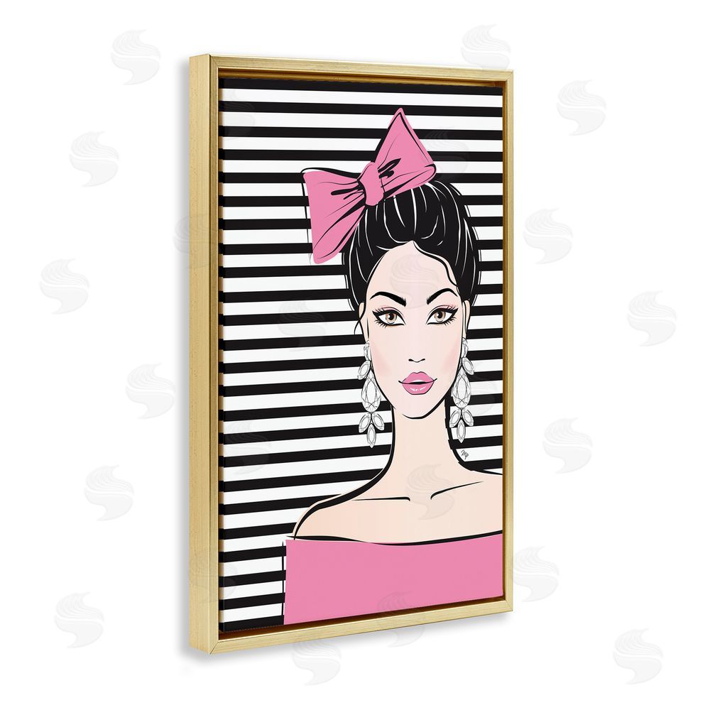 Martina Pavlova Girl with Pink Bow & Earrings Gold Floating Framed Canvas Wall Art