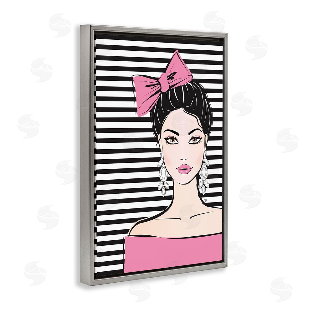 Martina Pavlova Girl with Pink Bow & Earrings Gray Floating Framed Canvas Wall Art