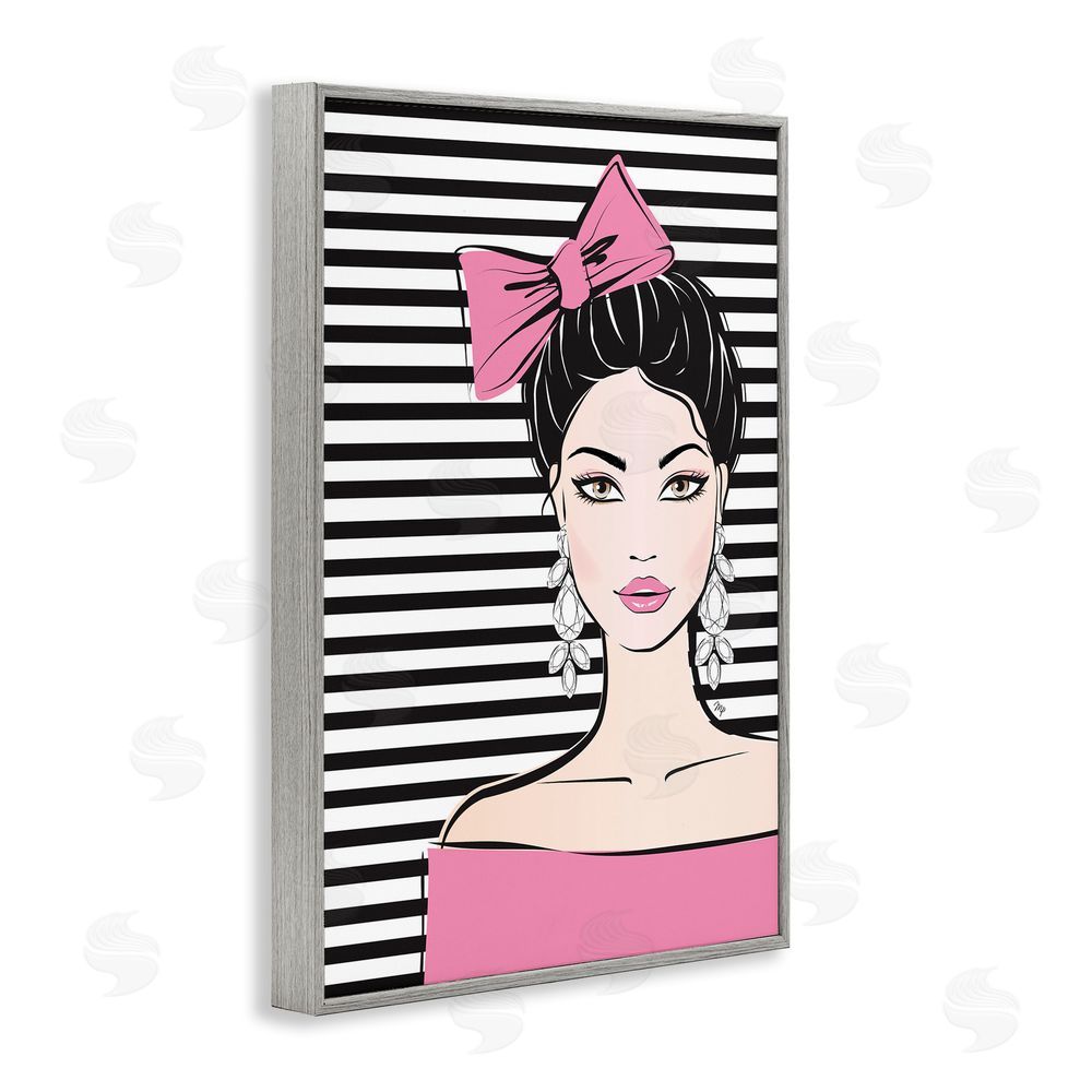 Martina Pavlova Girl with Pink Bow & Earrings Gray Framed Giclee Wall Art