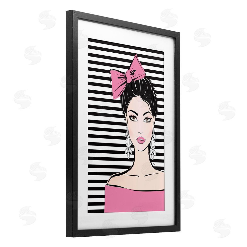 Martina Pavlova Girl with Pink Bow & Earrings Black Framed Print Under Glass Wall Art