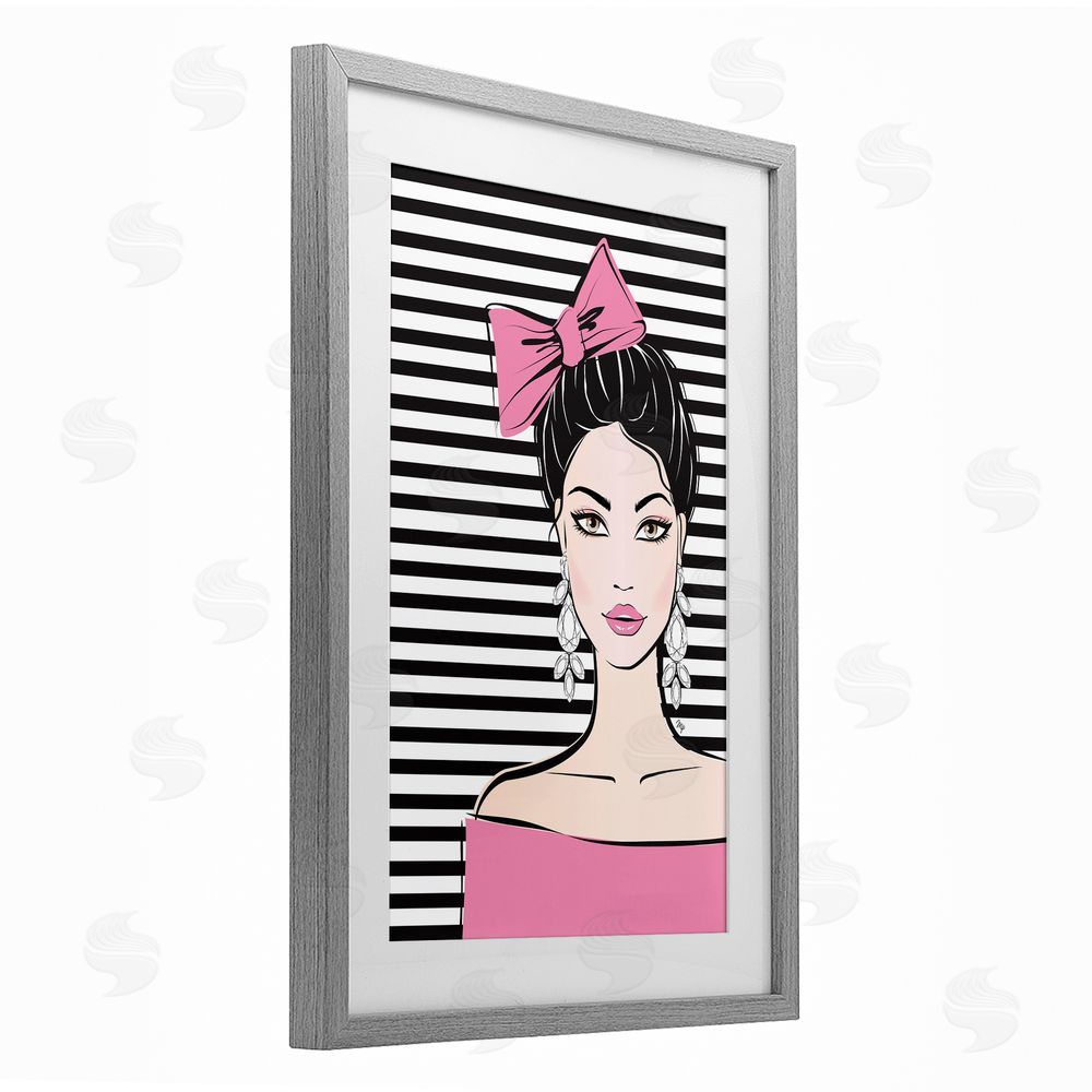 Martina Pavlova Girl with Pink Bow & Earrings Gray Framed Print Under Glass Wall Art