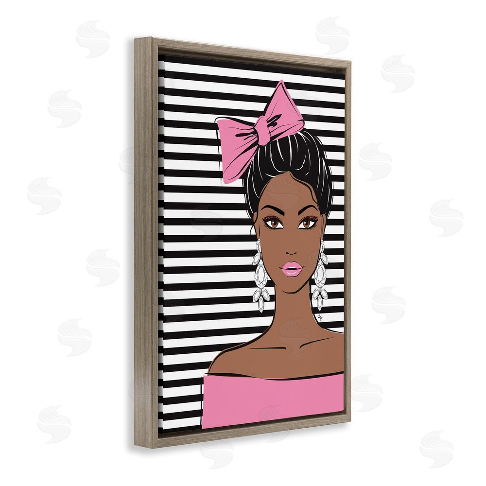 Martina Pavlova Girl with Bow & Jewel Earrings Brown Floating Framed Canvas Wall Art