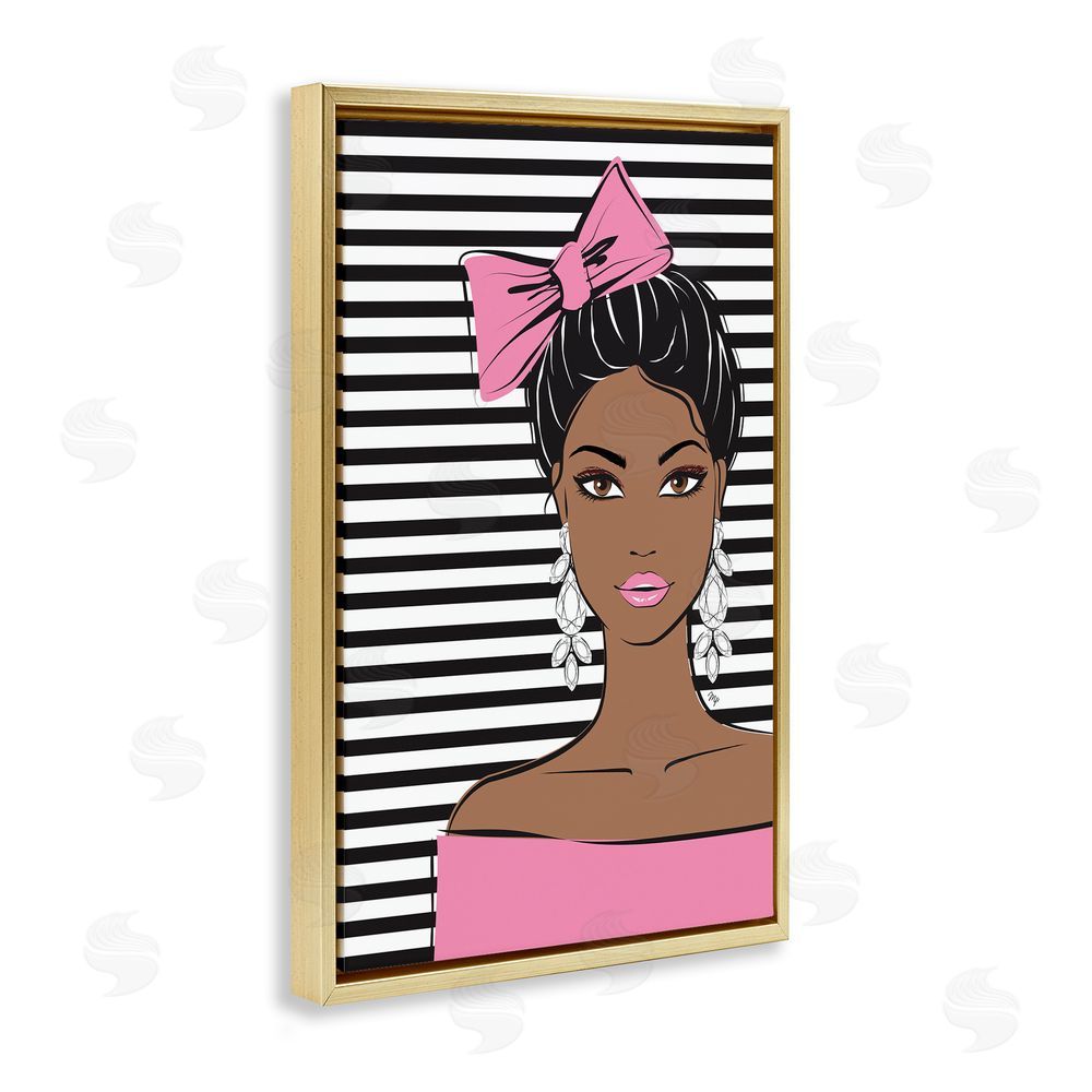 Martina Pavlova Girl with Bow & Jewel Earrings Gold Floating Framed Canvas Wall Art
