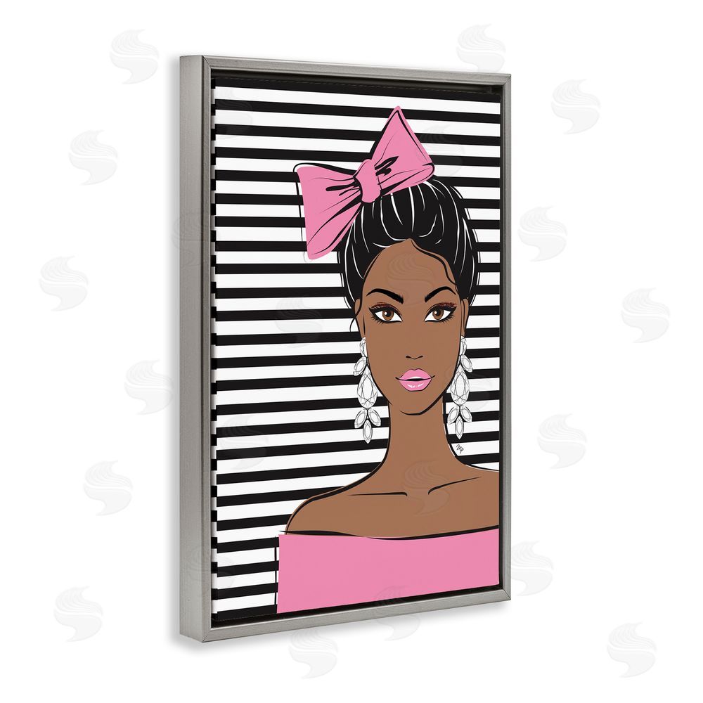 Martina Pavlova Girl with Bow & Jewel Earrings Gray Floating Framed Canvas Wall Art