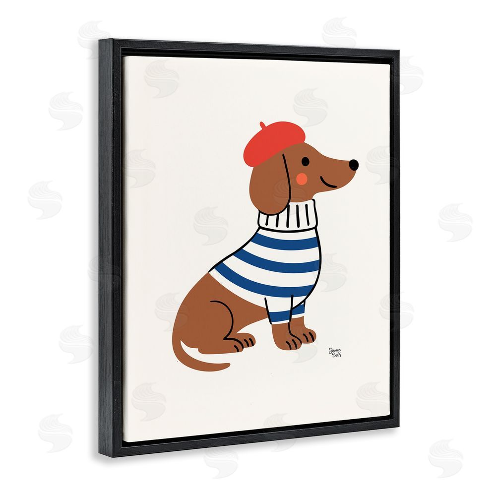 Jessica Beck French Dachshund in Beret Black Floating Frame Canvas Wall Art Print