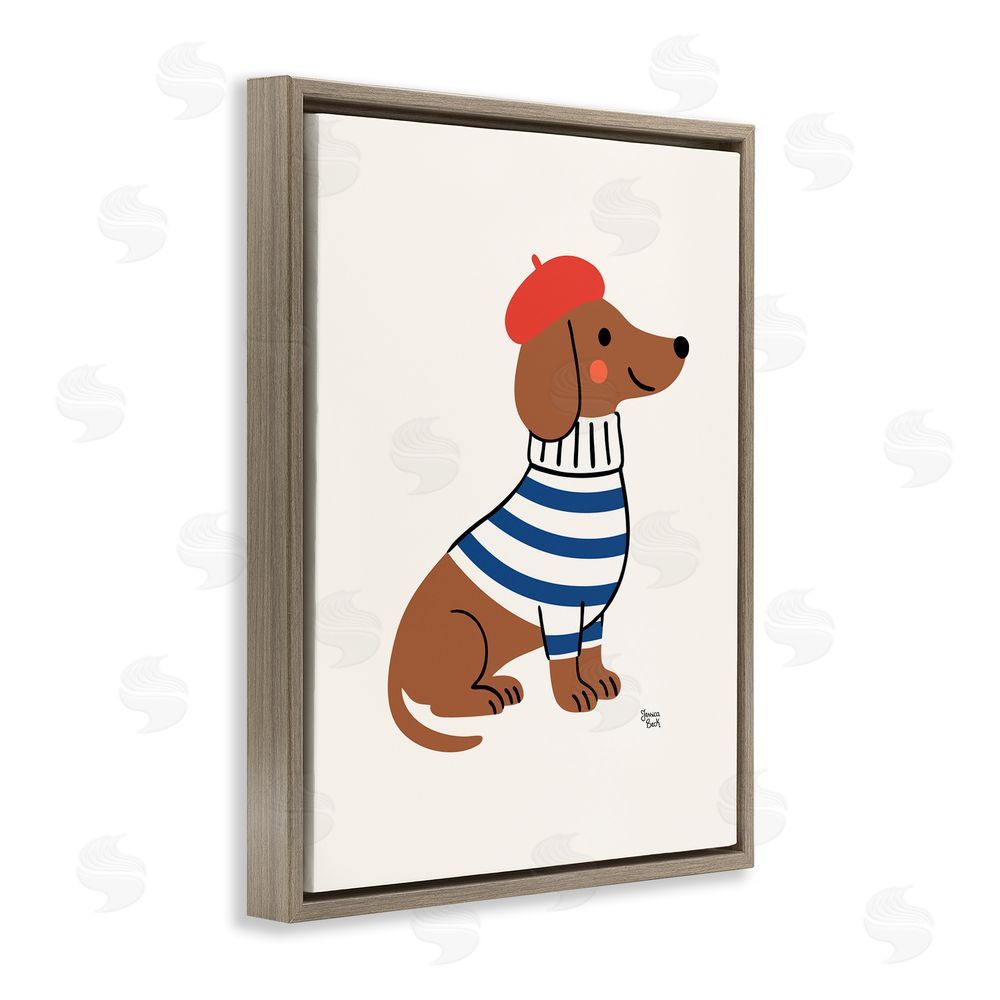 Jessica Beck French Dachshund in Beret Brown Floating Frame Canvas Wall Art Print