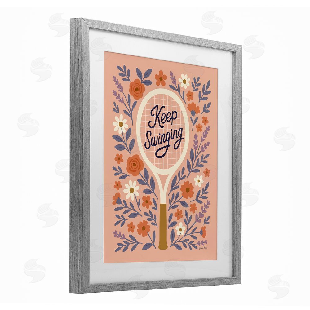 Jessica Beck Keep Swinging Floral Tennis Gray Framed Print Under Glass Wall Art