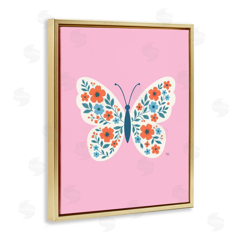 Jessica Beck Boho Pink Floral Butterfly Gold Floating Frame Canvas Wall Art Print