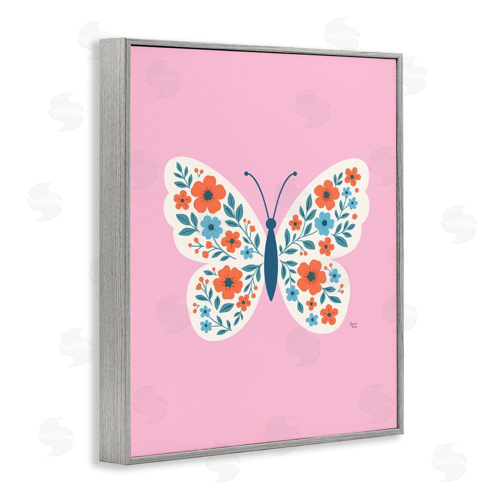 Jessica Beck Boho Pink Floral Butterfly Gray Framed Giclee Print Wall Art