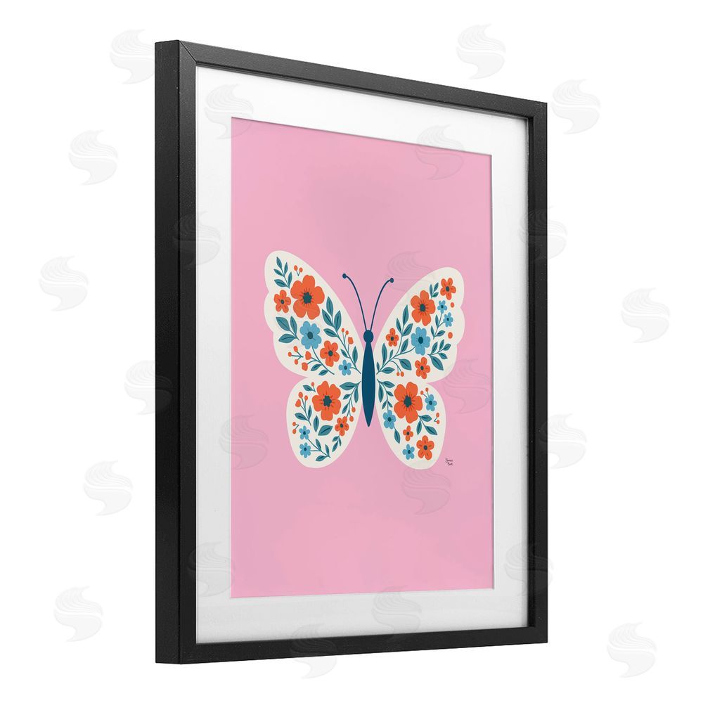 Jessica Beck Boho Pink Floral Butterfly Black Framed Print Under Glass Wall Art
