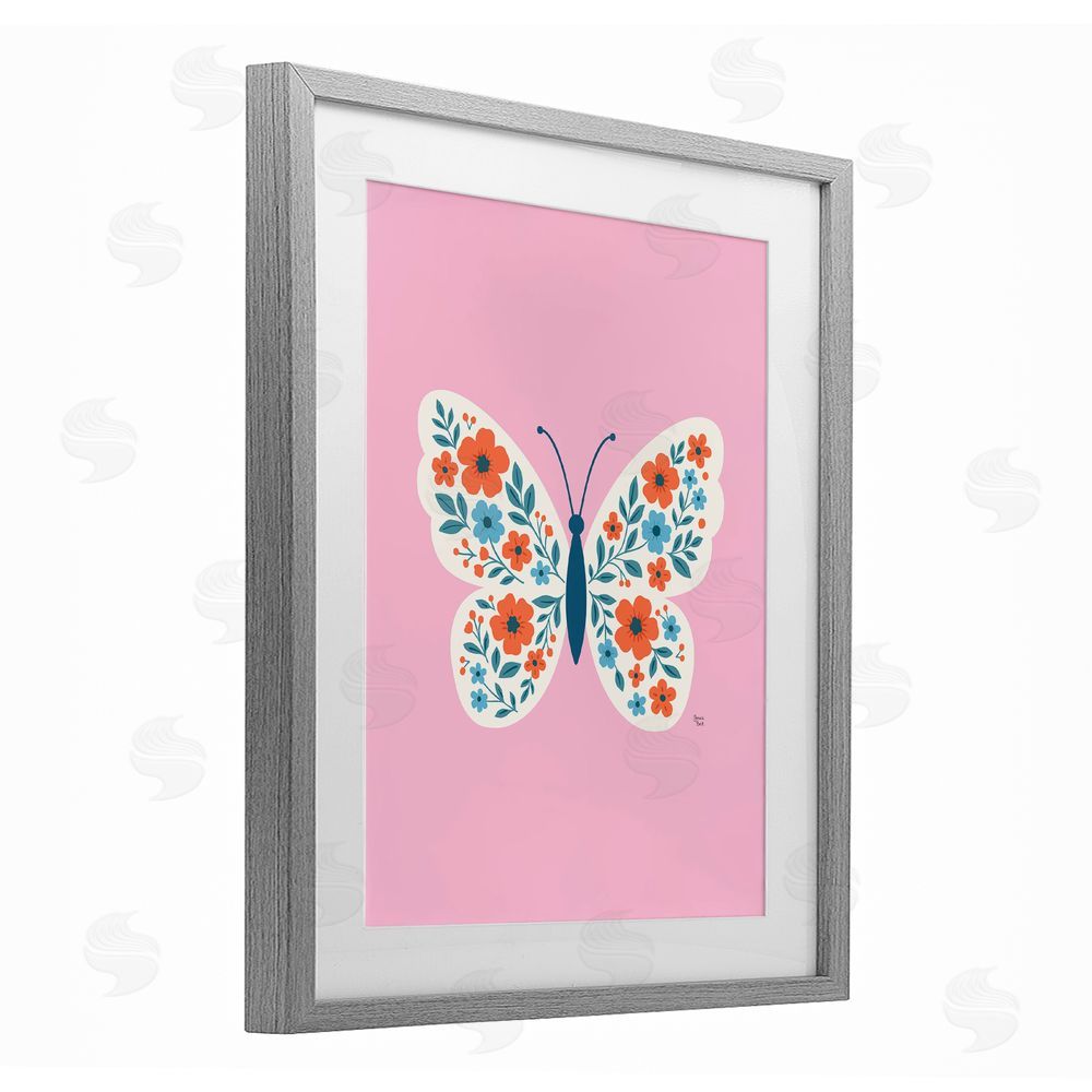 Jessica Beck Boho Pink Floral Butterfly Gray Framed Print Under Glass Wall Art