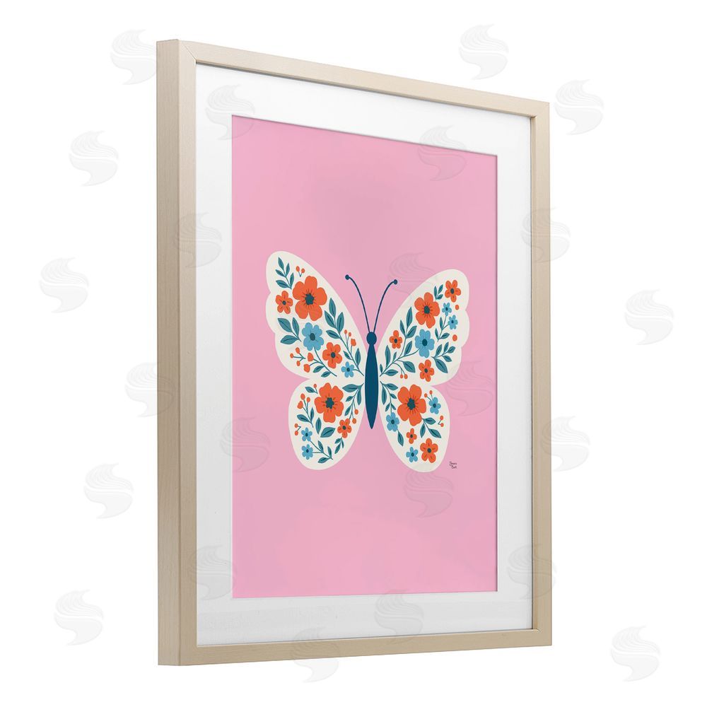 Jessica Beck Boho Pink Floral Butterfly Brown Framed Print Under Glass Wall Art