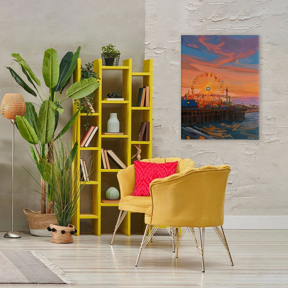 Amelia Noyes Santa Monica Pier Sunset Stretched Canvas Wall Art Print in Room