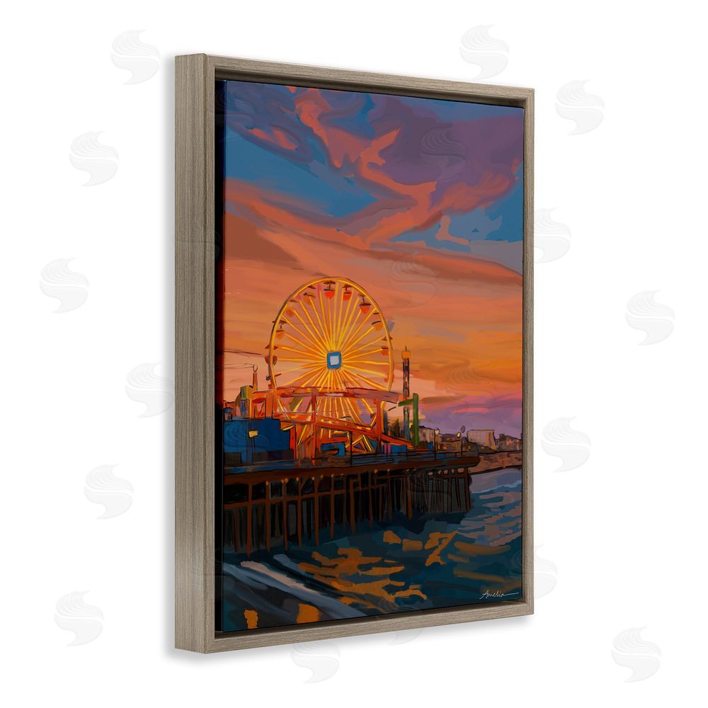 Amelia Noyes Santa Monica Pier Sunset Brown Floating Frame Canvas Wall Art Print