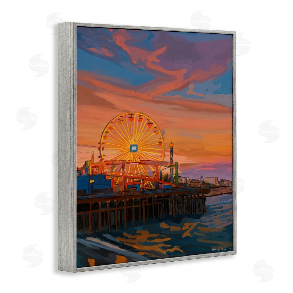 Amelia Noyes Santa Monica Pier Sunset Gray Framed Giclee Wall Art Print