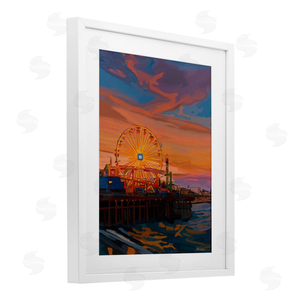 Amelia Noyes Santa Monica Pier Sunset White Framed Print Under Glass Wall Art