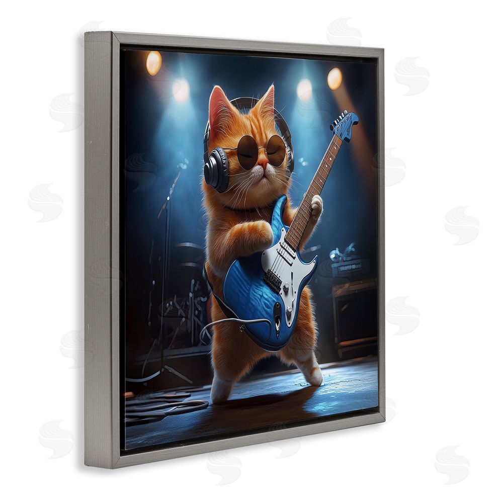 Jim Baldwin Cat Guitarist in Band Gray Floating Frame Canvas Wall Art Print