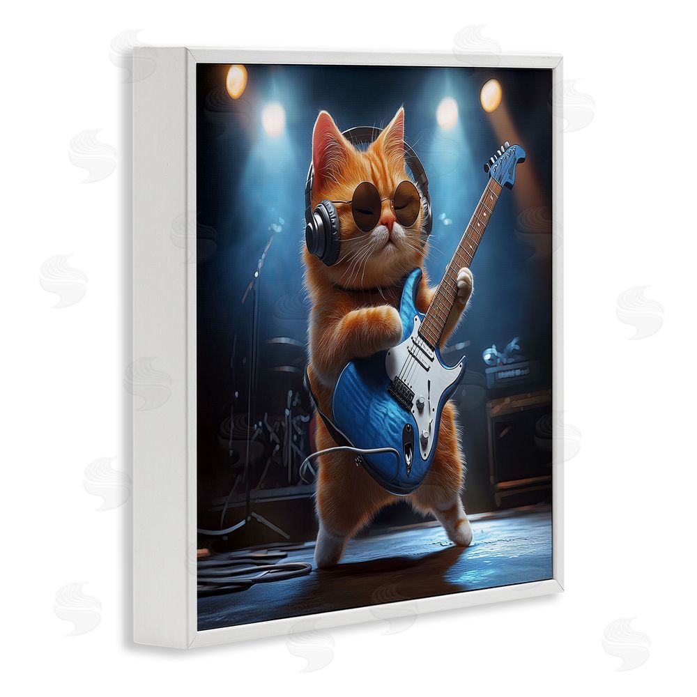 Jim Baldwin Cat Guitarist in Band White Framed Giclee Print Wall Art