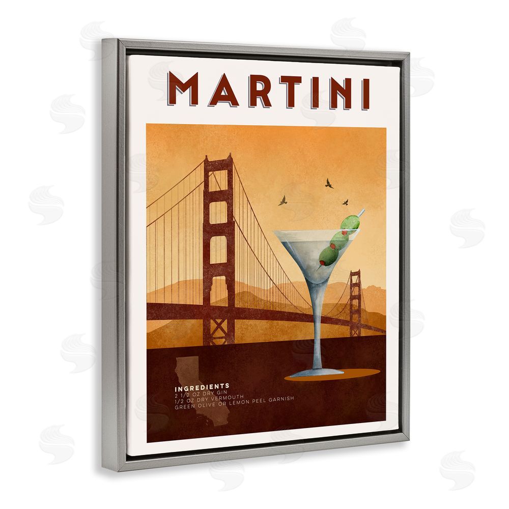 Brett Blumenthal Retro Martini & Bridge View Gray Floating Frame Canvas Wall Art Print