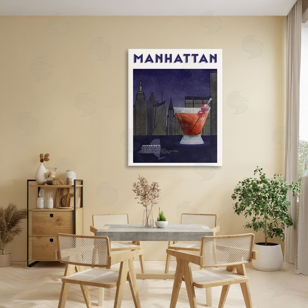 Brett Blumenthal Retro Manhattan Cocktail Cityscape Stretched Canvas Wall Art Print in Room