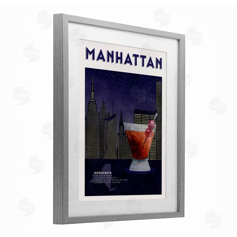 Brett Blumenthal Retro Manhattan Cocktail Cityscape Gray Framed Print Under Glass Wall Art