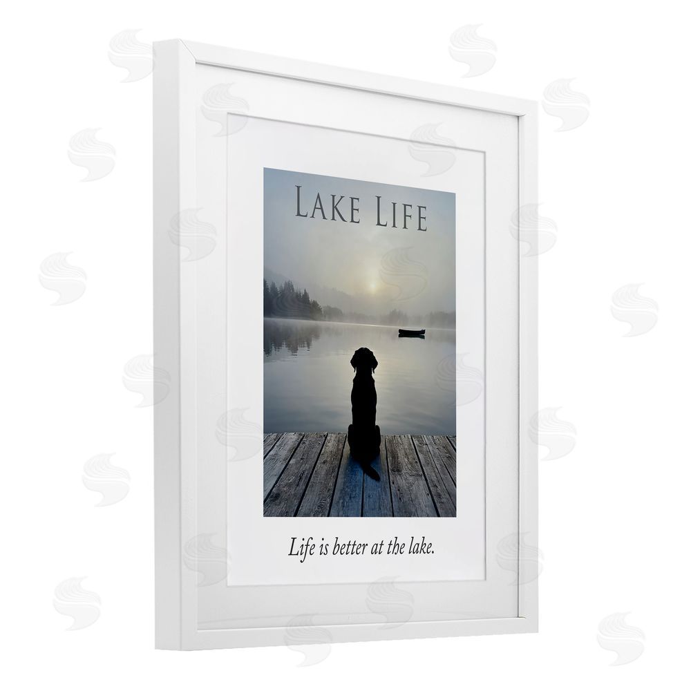 A Barefoot Stylist Lake Life with Dog White Framed Print Under Glass Wall Art