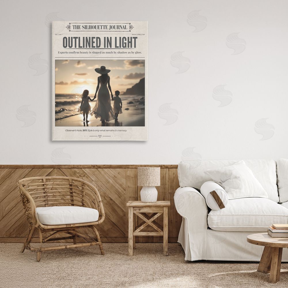 A Barefoot Stylist Outlined In Light Newspaper Stretched Canvas Wall Art in Room