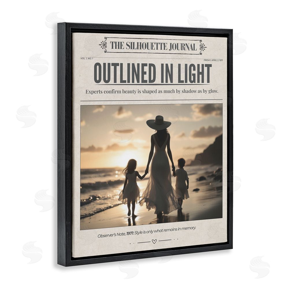 A Barefoot Stylist Outlined In Light Newspaper Black Floating Frame Canvas Wall Art Print