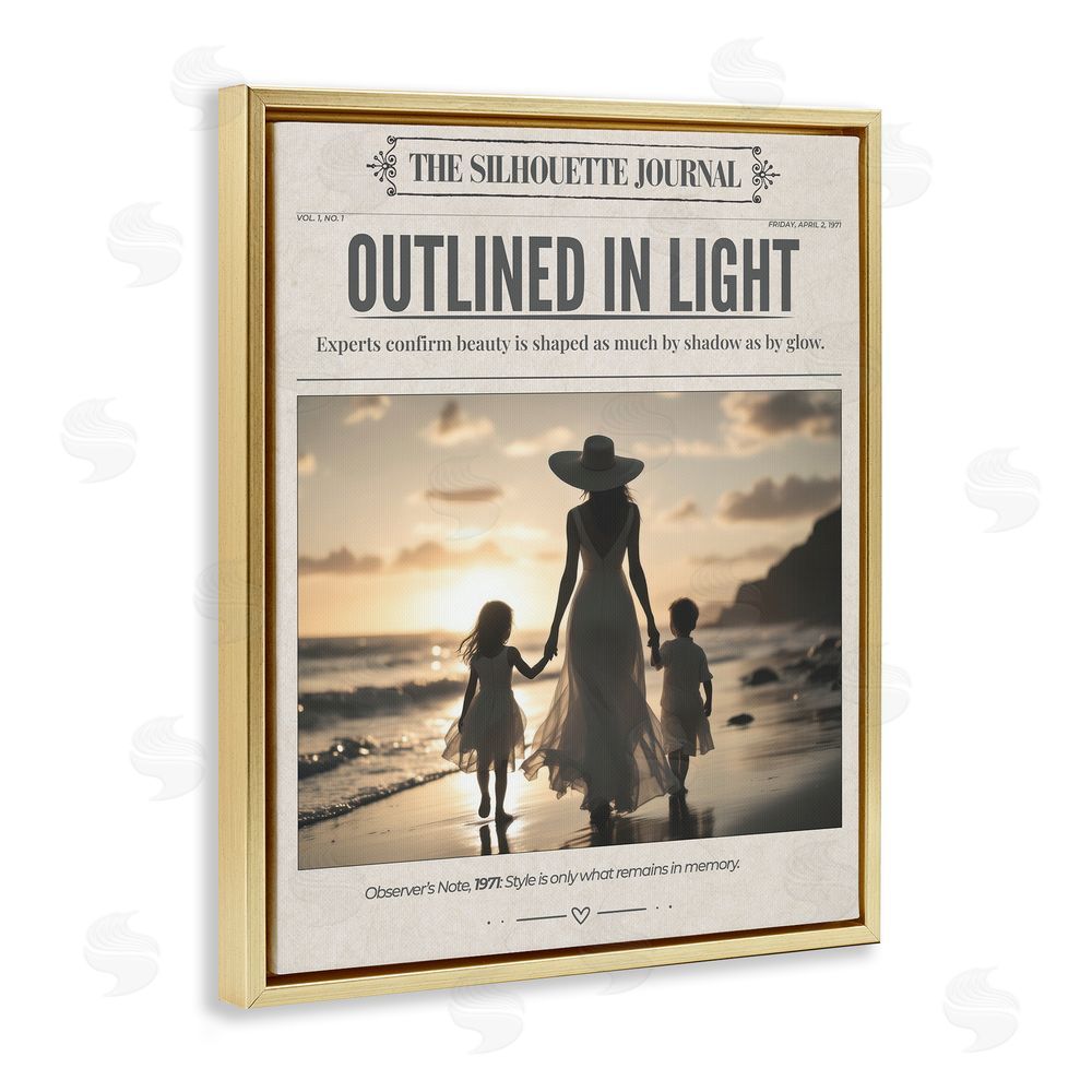 A Barefoot Stylist Outlined In Light Newspaper Gold Floating Frame Canvas Wall Art Print
