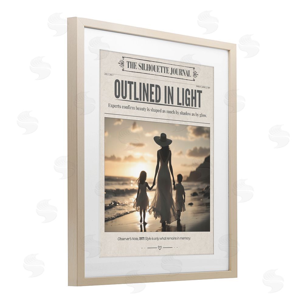 A Barefoot Stylist Outlined In Light Newspaper Birch Framed Print Under Glass Wall Art