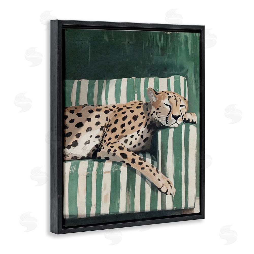 Annabelle Hall Cheetah on Striped Sofa Black Floating Frame Canvas Wall Art Print