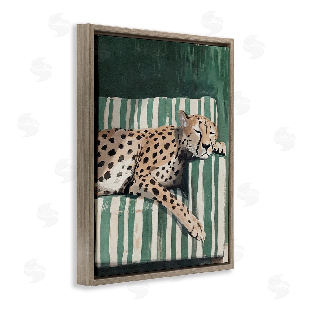 Annabelle Hall Cheetah on Striped Sofa Brown Floating Frame Canvas Wall Art Print