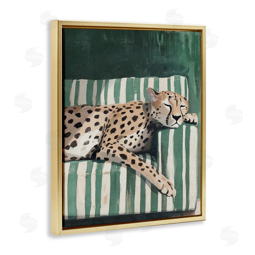 Annabelle Hall Cheetah on Striped Sofa Gold Floating Frame Canvas Wall Art Print