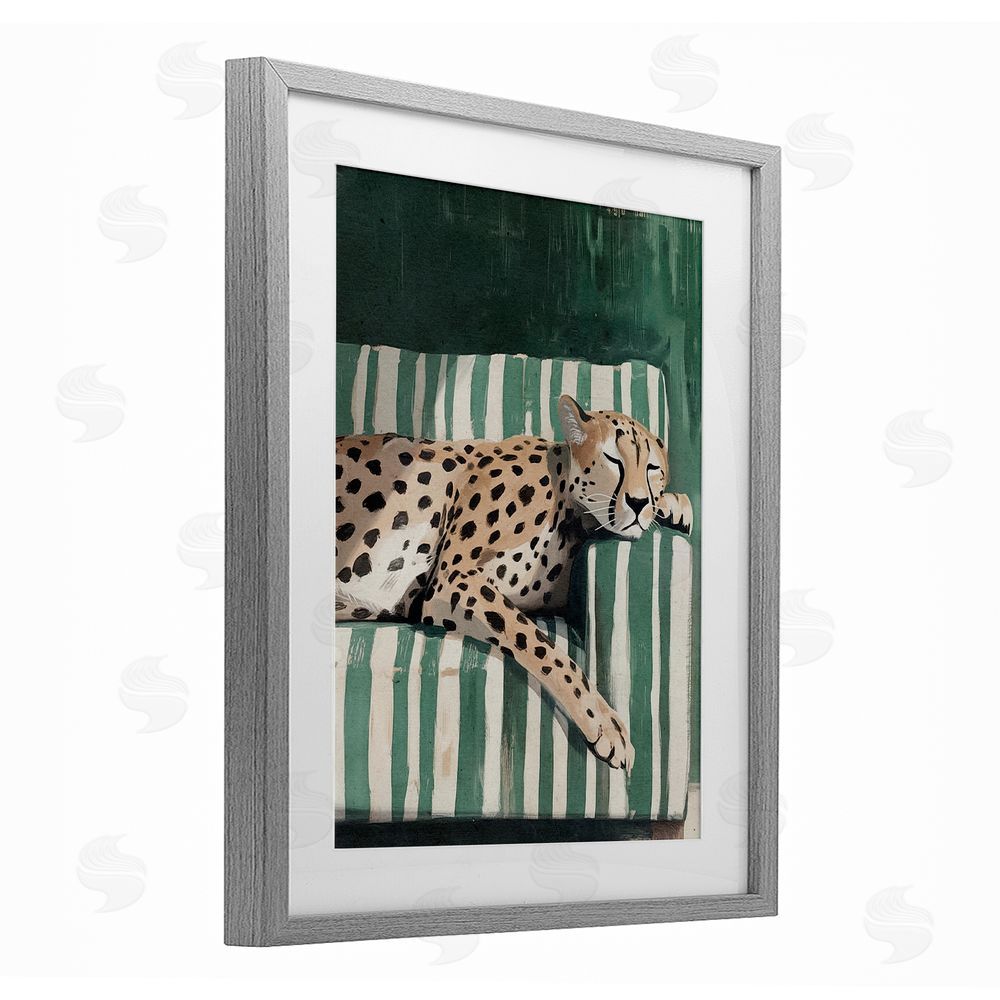 Annabelle Hall Cheetah on Striped Sofa Gray Framed Print Under Glass Wall Art