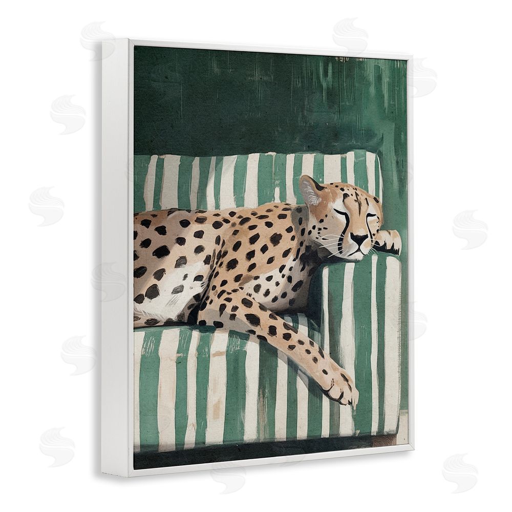 Annabelle Hall Cheetah on Striped Sofa White Framed Giclee Wall Art Print