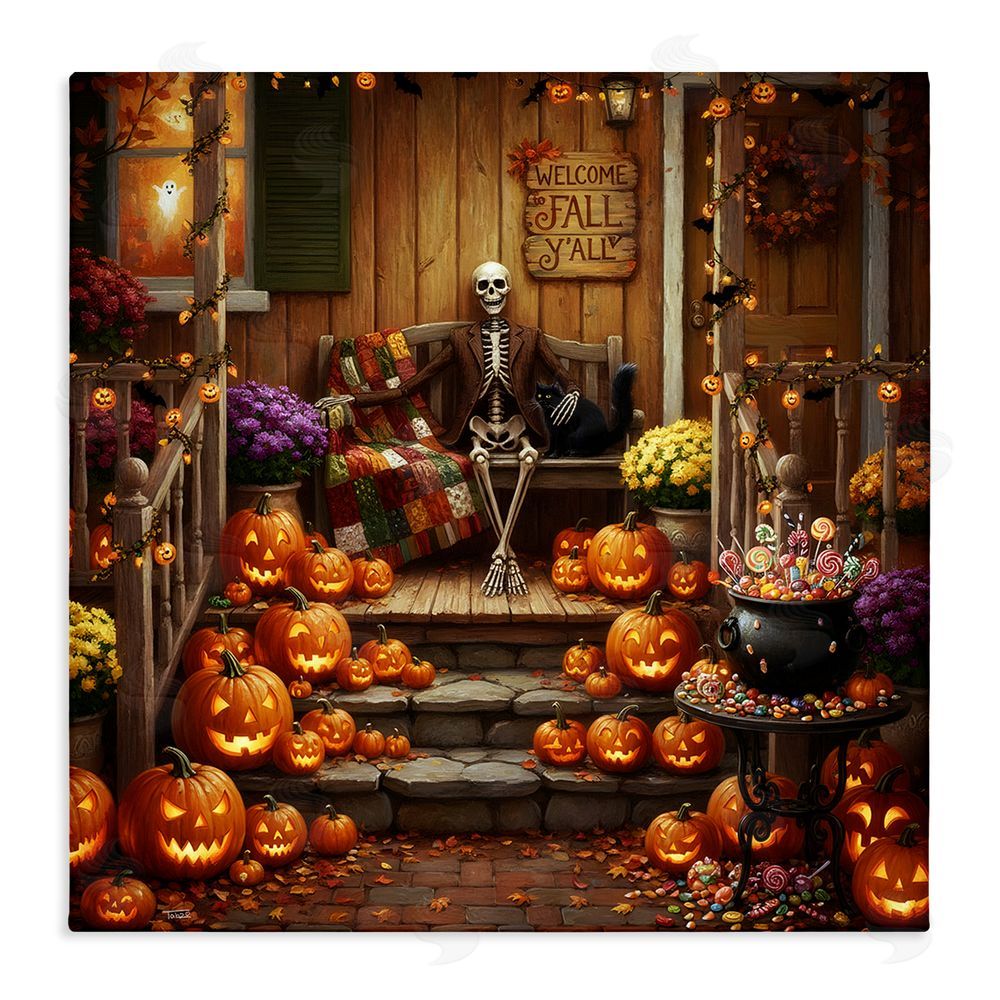 Tabz Jones Welcome To Fall Skeleton Porch Stretched Canvas Wall Art Print