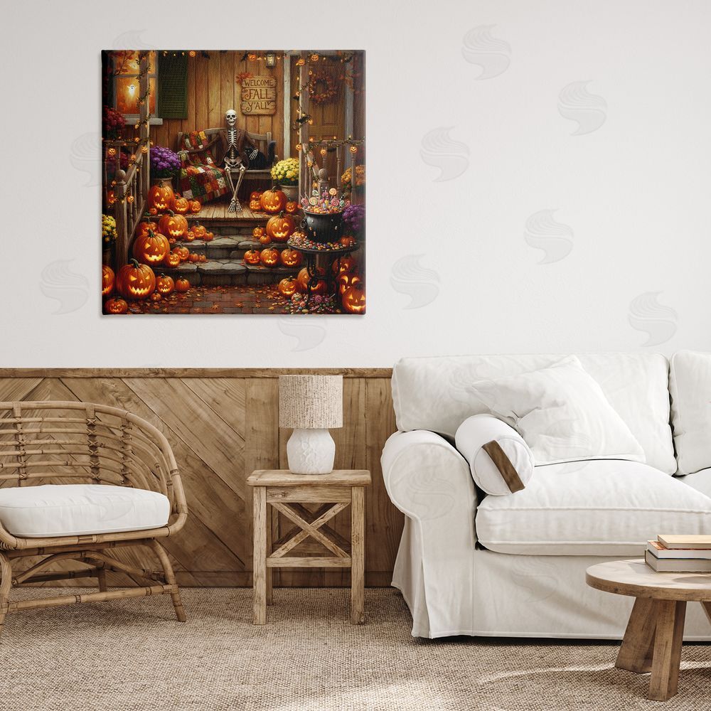 Tabz Jones Welcome To Fall Skeleton Porch Stretched Canvas Wall Art in Room