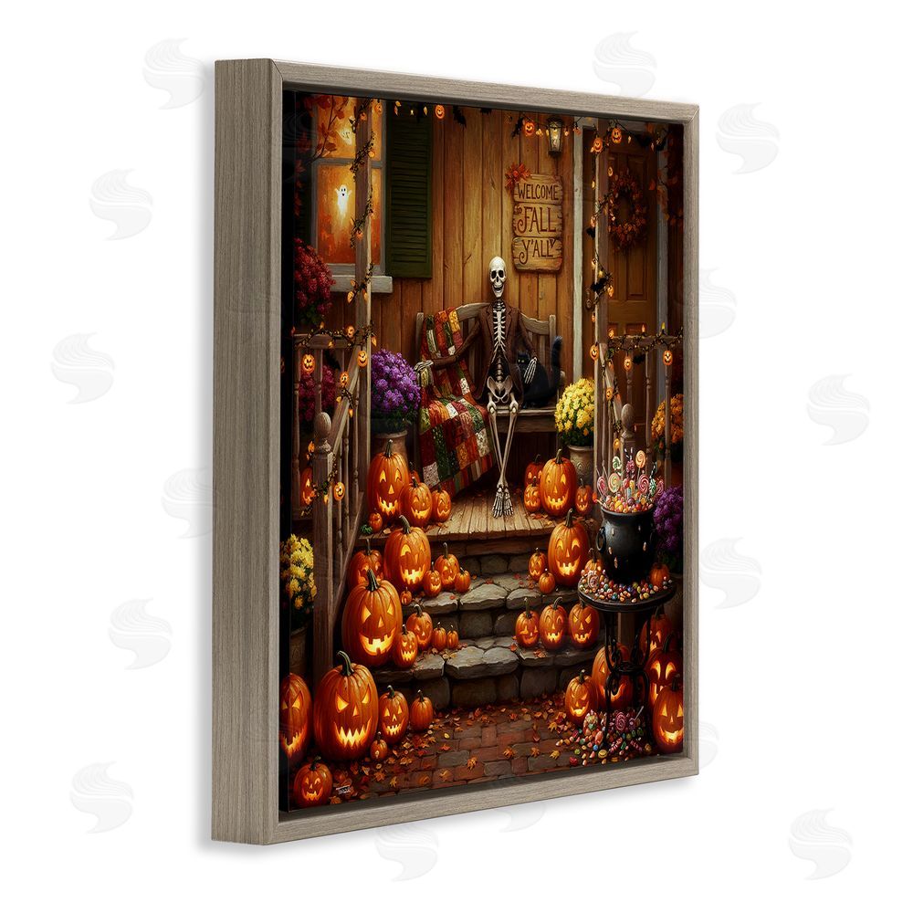Tabz Jones Welcome To Fall Skeleton Porch Brown Floating Frame Canvas Wall Art Print