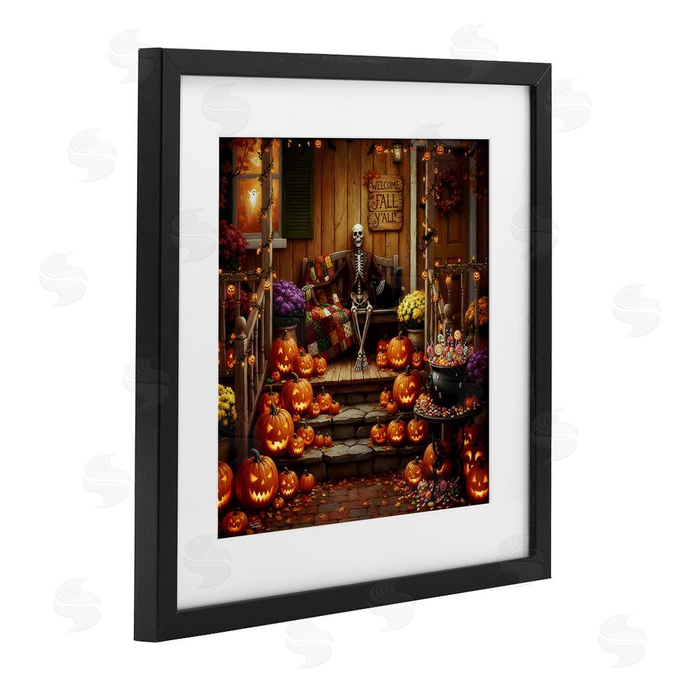 Tabz Jones Welcome To Fall Skeleton Porch Black Framed Print Under Glass Wall Art