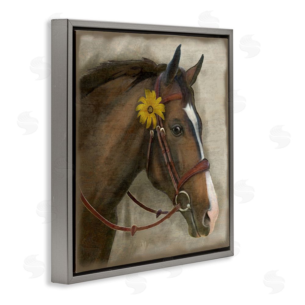 Suzanne Nicoll Barnyard Horse with Daisy Gray Floating Frame Canvas Wall Art Print