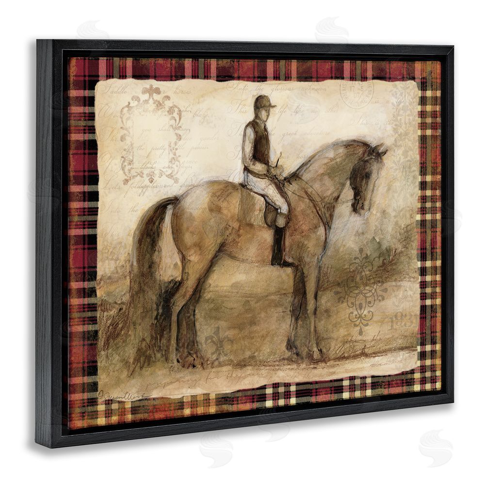 Susan Winget Horse With Jockey & Plaid Black Floating Frame Canvas Wall Art Print