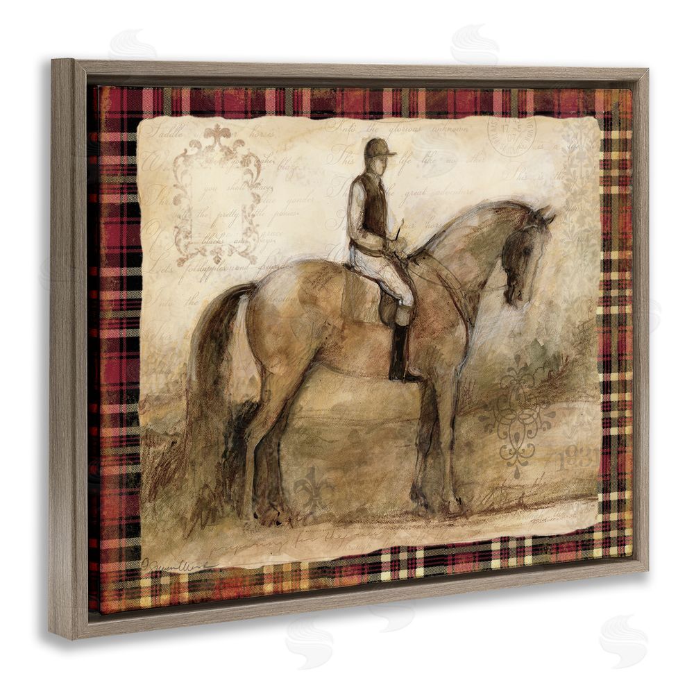 Susan Winget Horse With Jockey & Plaid Brown Floating Frame Canvas Wall Art Print