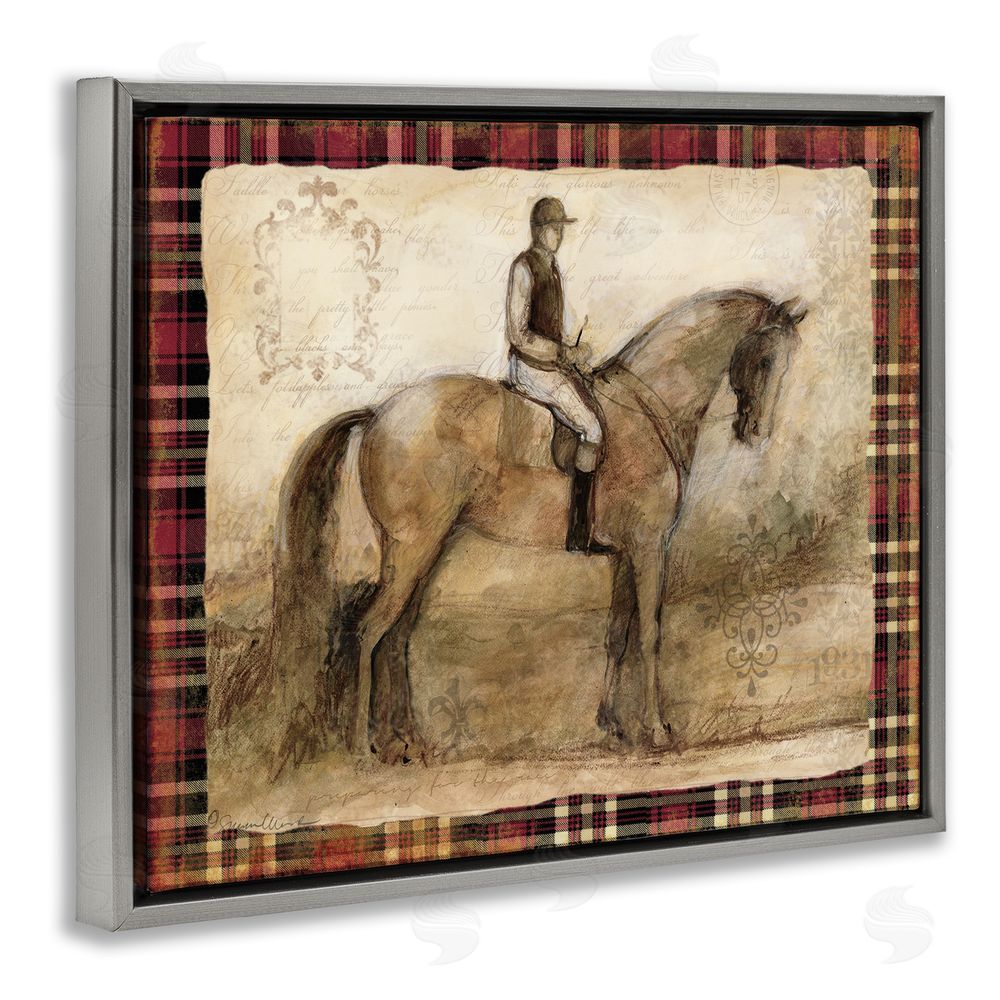 Susan Winget Horse With Jockey & Plaid Gray Floating Frame Canvas Wall Art Print