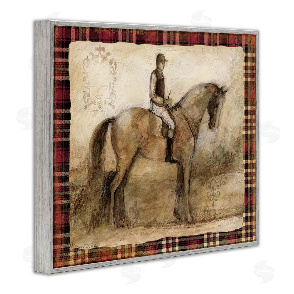 Susan Winget Horse With Jockey & Plaid Gray Framed Giclee Wall Art Print